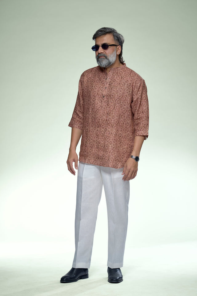 Indigo Geometry Pure Linen 3/4 Sleeve Kurta Style Shirt - AddysForMen®️