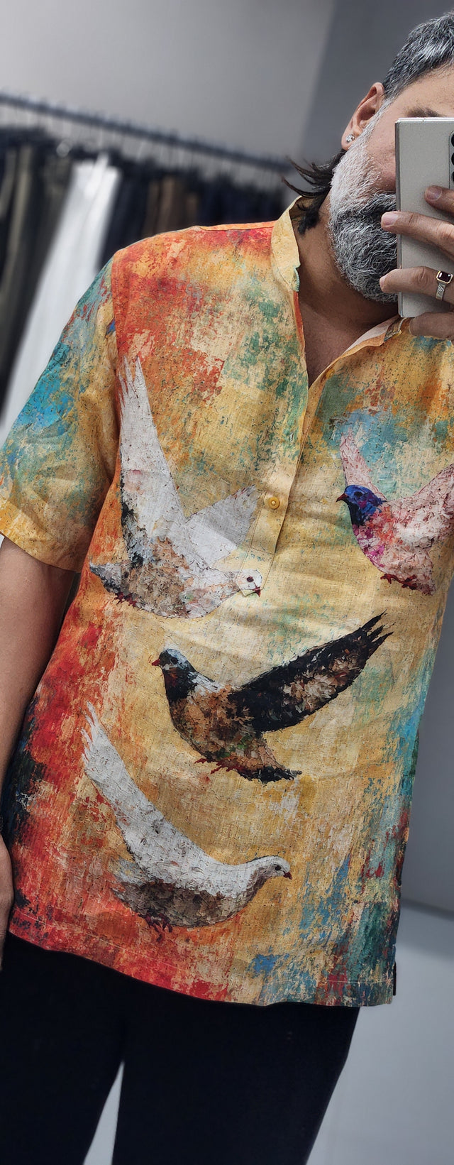 Abstract Ochre Birds Digital Print Pure Linen Mandarin Kurta Style Shirt