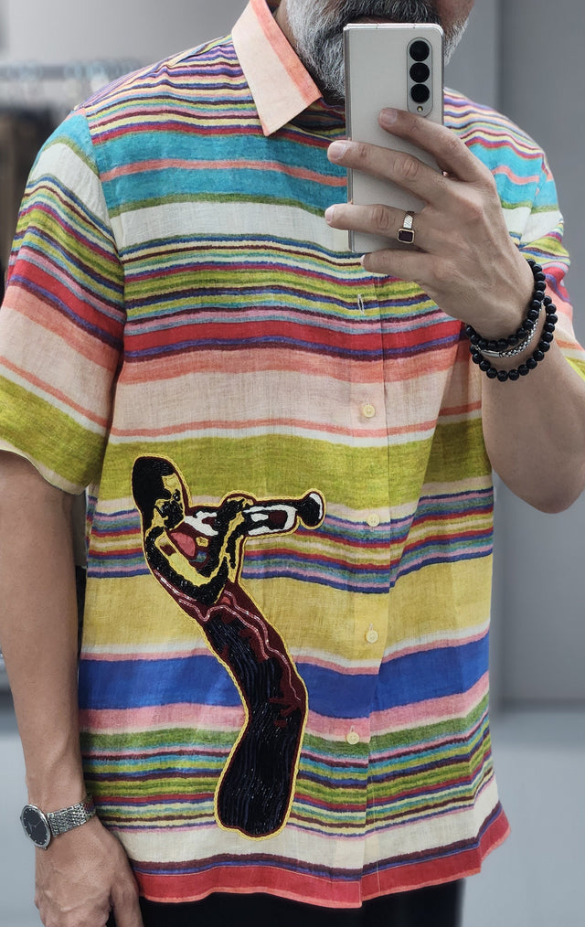 Multi-Striped Jazz Trumpeter Hand Khatli Pure Linen Shirt