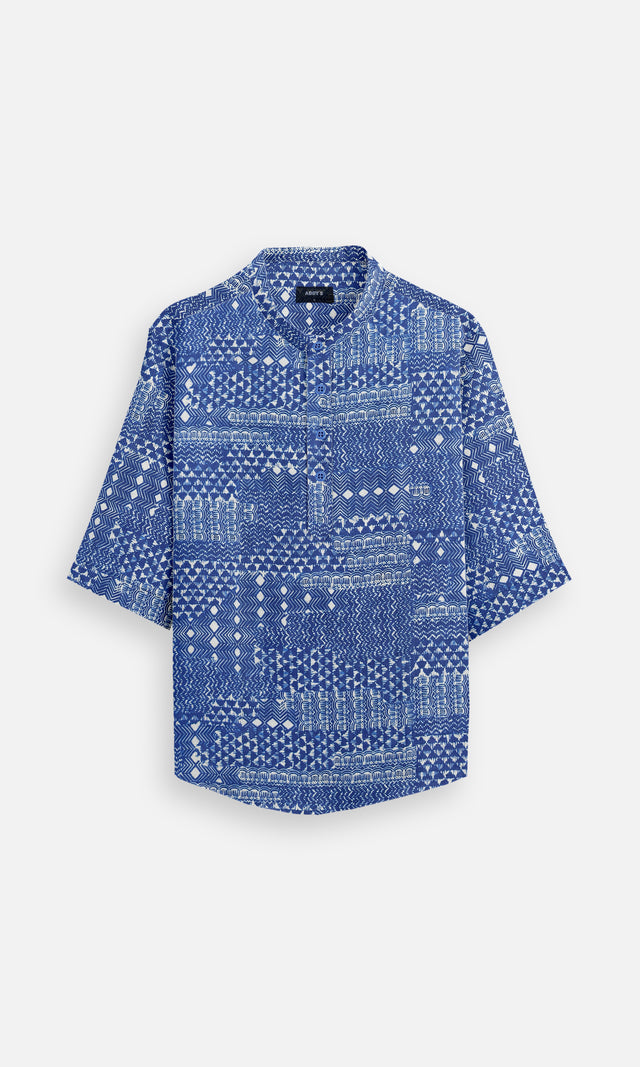 Indigo Tapestry (Pure Linen 3/4 Sleeve Kurta Style Shirt) - AddysForMen®️