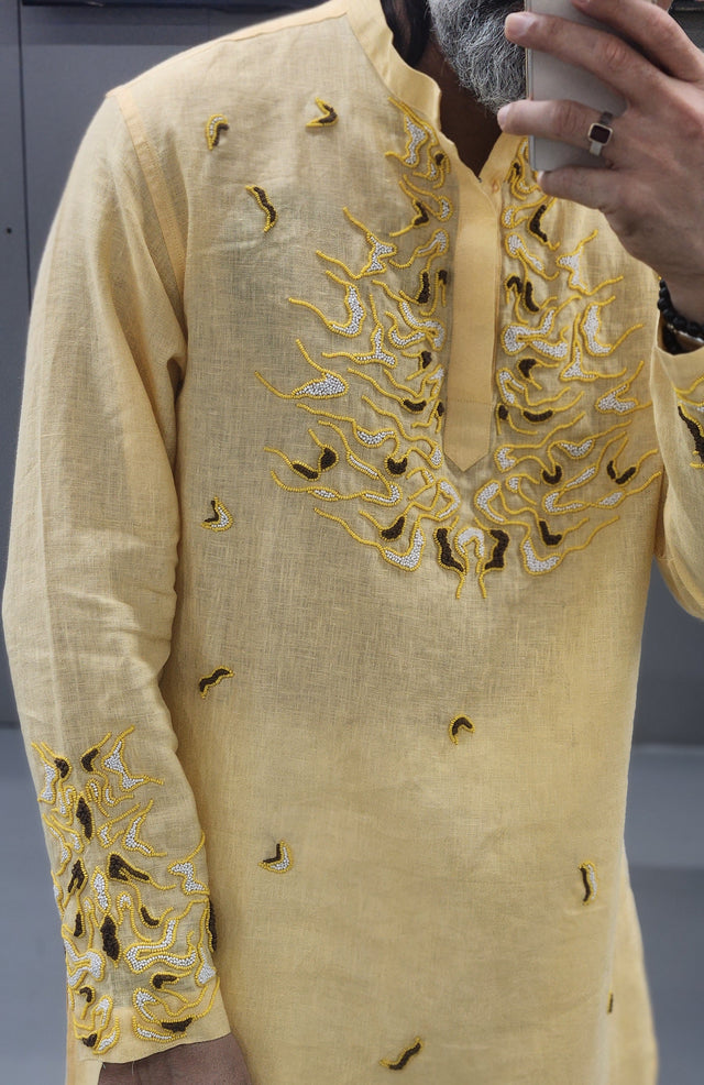 Pale Yellow Pure Linen Long Kurta with Hand-Embroidered Khatli Yoke & Cuffs