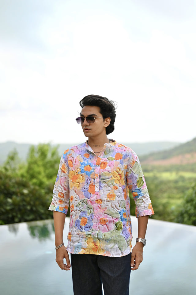 "Botanical Bliss : Vibrant Floral Paradise Blooms - 3/4 Sleeve Kurta Style Shirt"