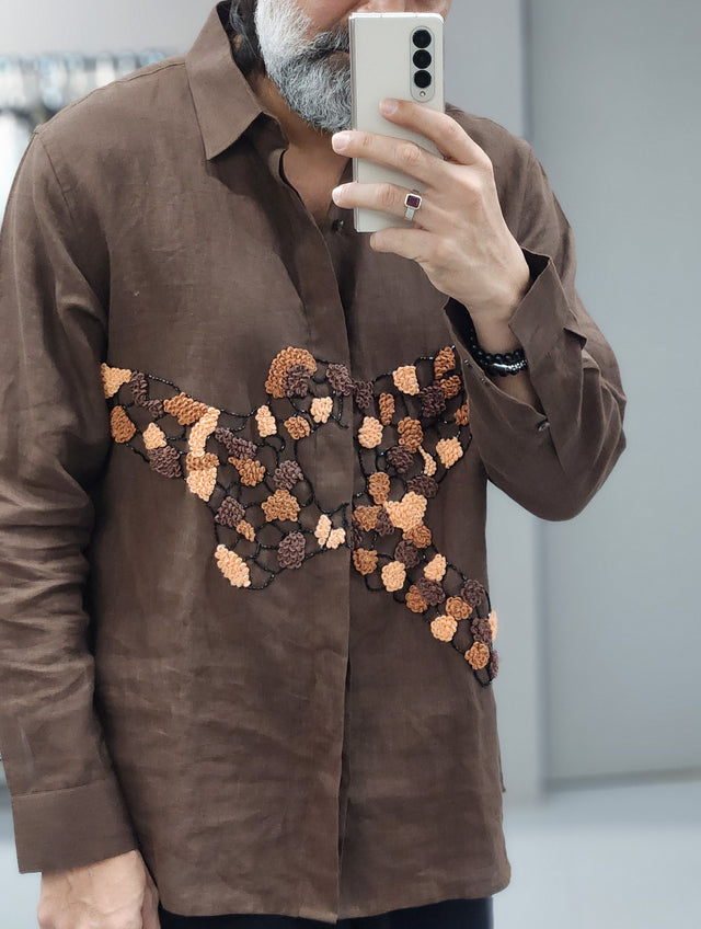 Espresso Brown Textured Mosaic Thread & Bead Embroidered Pure Linen Shirt