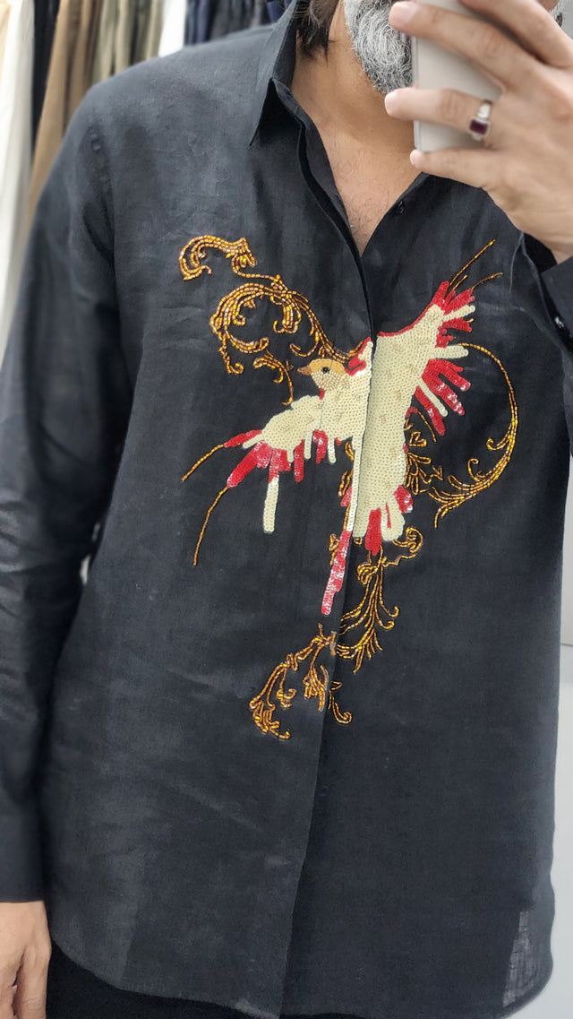 Black Pure Linen Long Sleeve Shirt with Hand-Embroidered Sequin Bird Motif