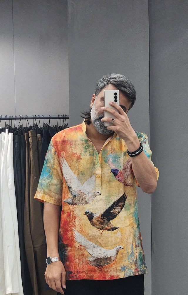 Abstract Ochre Birds Digital Print Pure Linen Mandarin Kurta Style Shirt