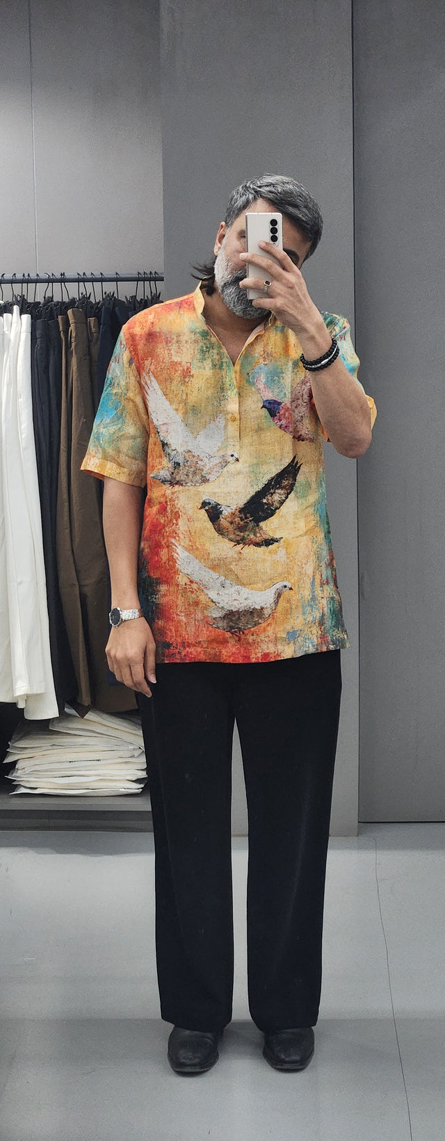 Abstract Ochre Birds Digital Print Pure Linen Mandarin Kurta Style Shirt