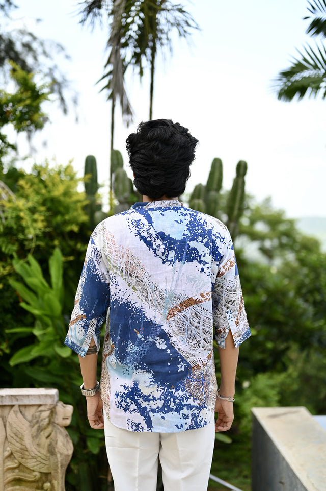 "Serene Elegance : A Breathtaking Blue and White 3/4 Sleeve Kurta Style Shirt"