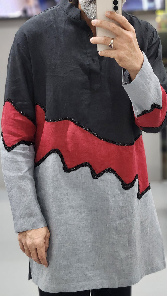 Charcoal, Crimson & Slate Wave Patchwork Hand Khatli Linen Kurta