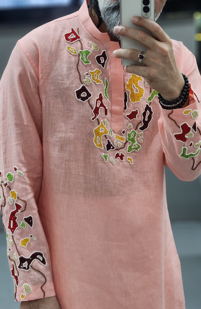 Peach Coral Pure Linen Long Kurta with Hand Embroidered Khatli Beadwork