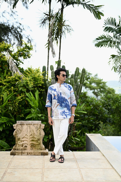 "Serene Elegance : A Breathtaking Blue and White 3/4 Sleeve Kurta Style Shirt"