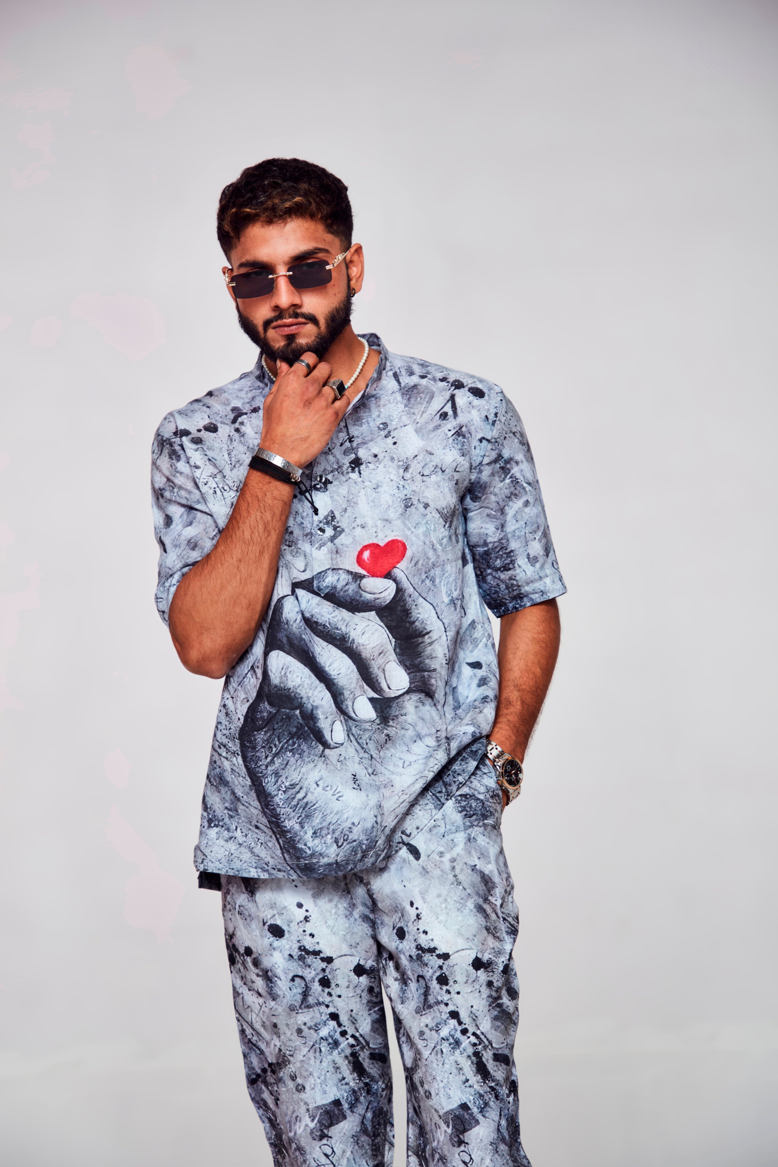 Embracing Love : Symbolic Connection Between Hearts and Humanity - Pure Linen Short Sleeve Kurta