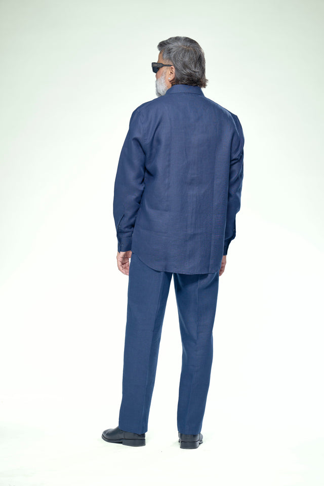 Indigo Linear Striped Pure Linen Full Sleeve Shirt - AddysForMen®