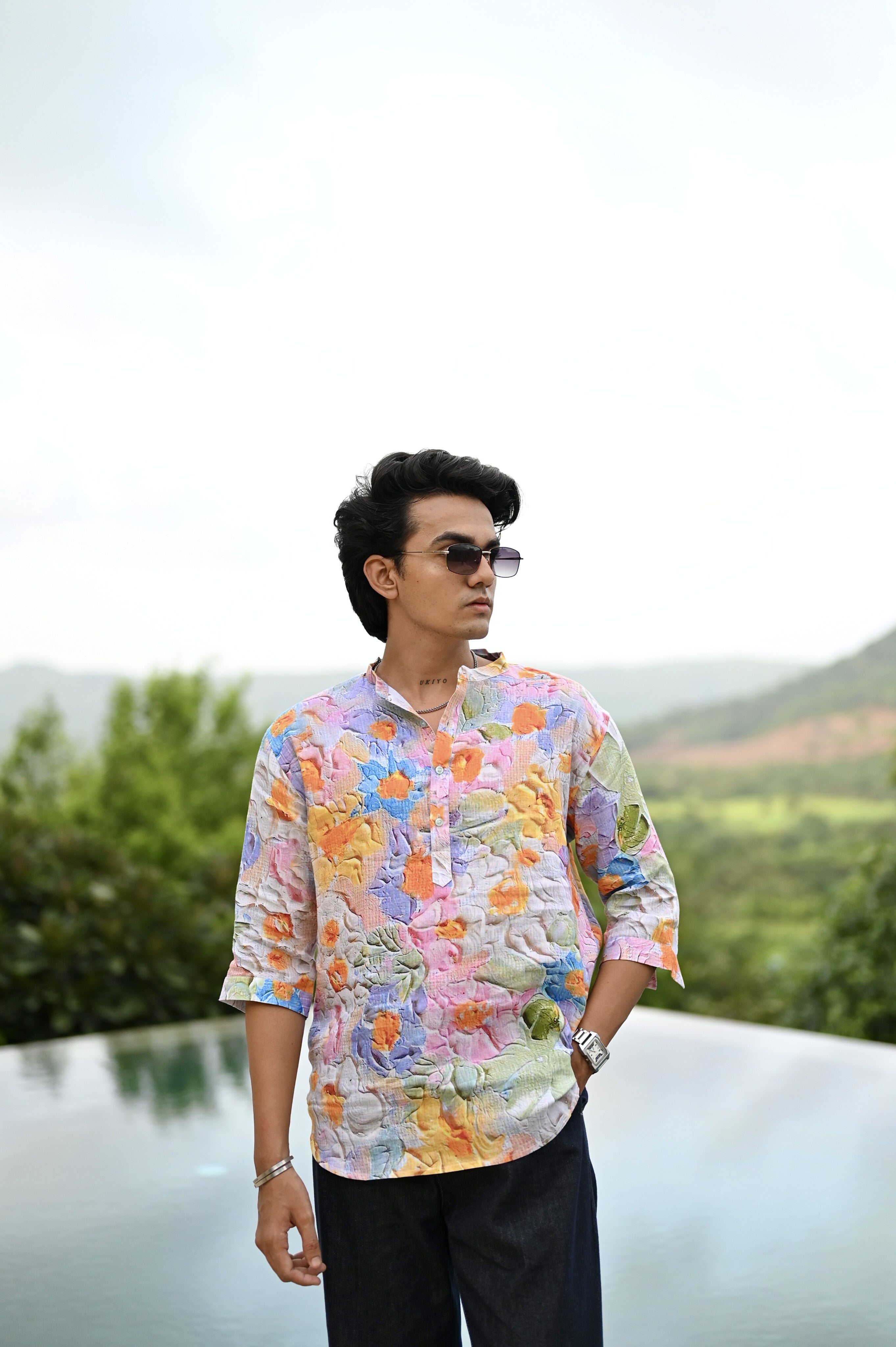 "Botanical Bliss : Vibrant Floral Paradise Blooms - 3/4 Sleeve Kurta Style Shirt"