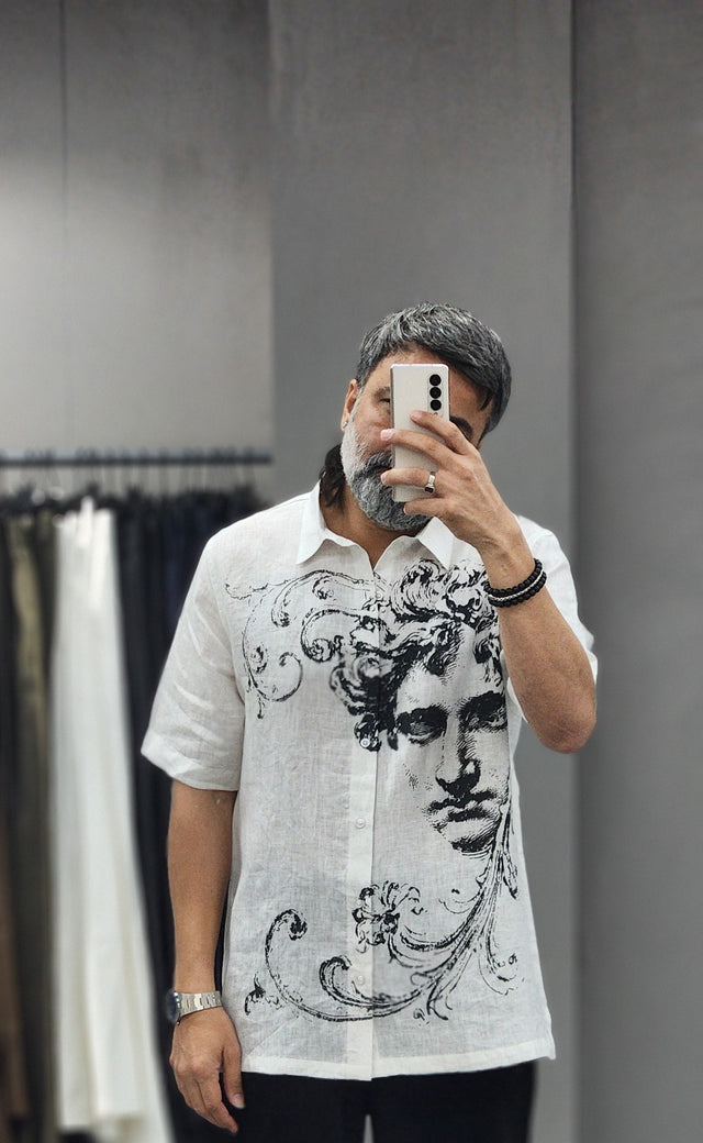 Black & White Classical Statue Digital Print Linen Shirt