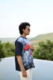"Vibrant Symphony : A harmonious blend of blue and red Oversize Linen Tshirt"
