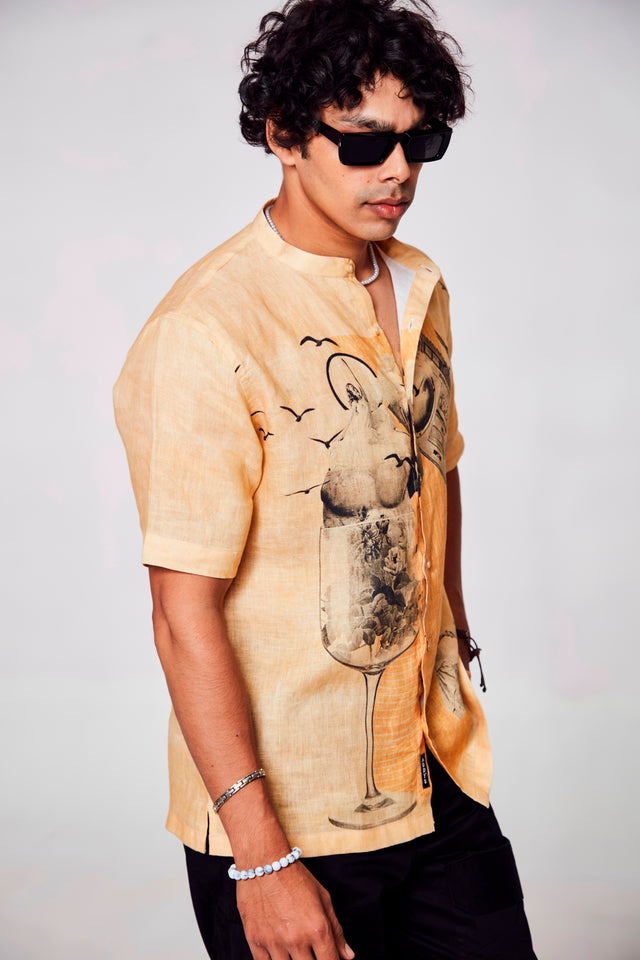 Stylish Melodic Fusion Printed Pure Linen Short Sleeve Shirt