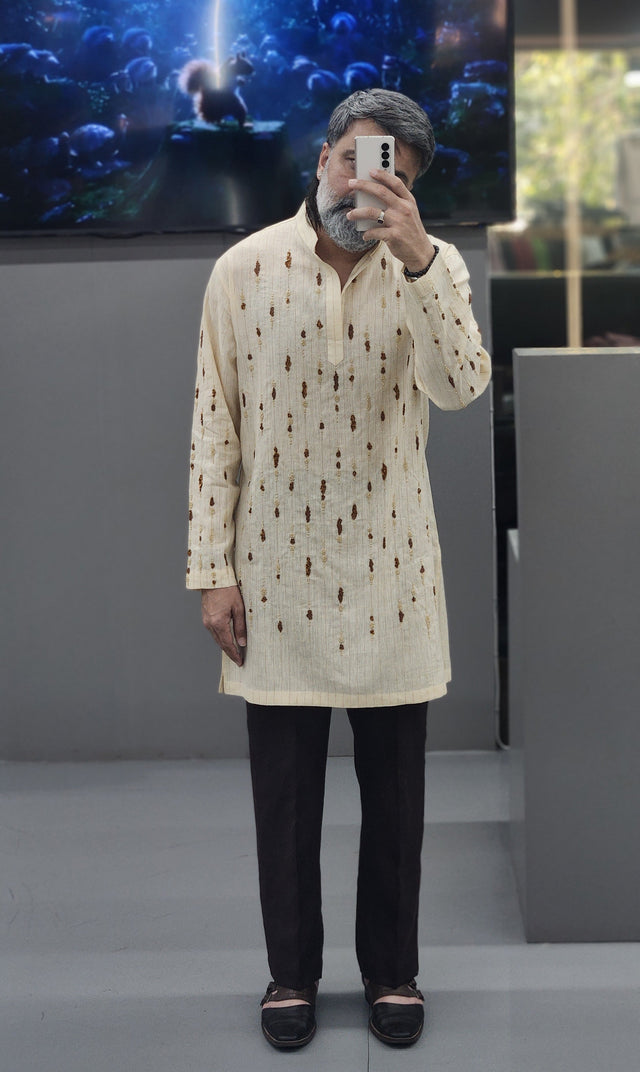 Natural Creamish Yellow Vertical Rain Hand Khatli Pure Linen Kurta