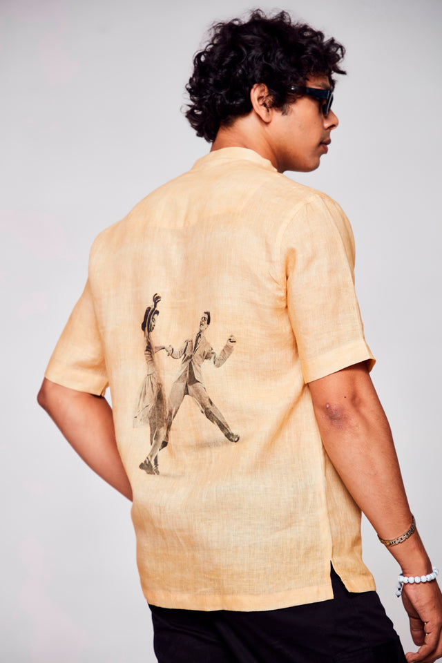 Stylish Melodic Fusion Printed Pure Linen Short Sleeve Shirt