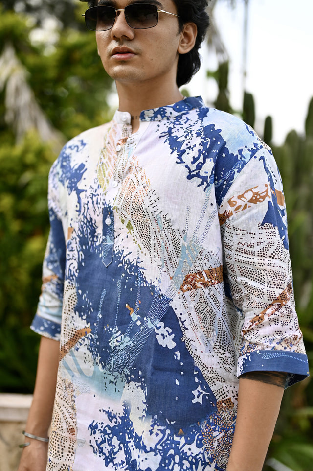 "Serene Elegance : A Breathtaking Blue and White 3/4 Sleeve Kurta Style Shirt"