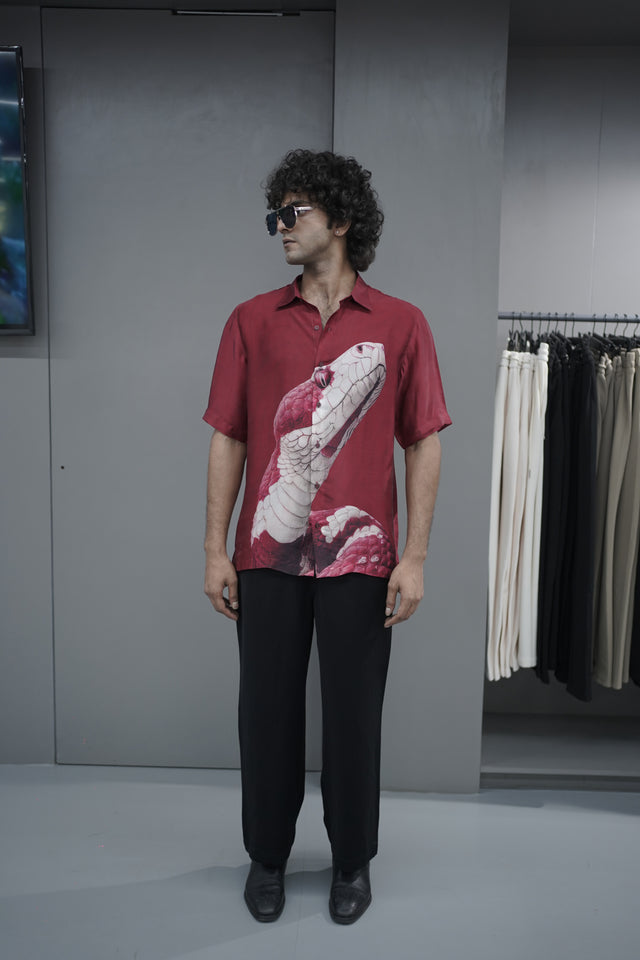 The Viper Luster: Snake Digital Print Pure Bemberg Satin Short Sleeve Shirt - AddysForMen®️