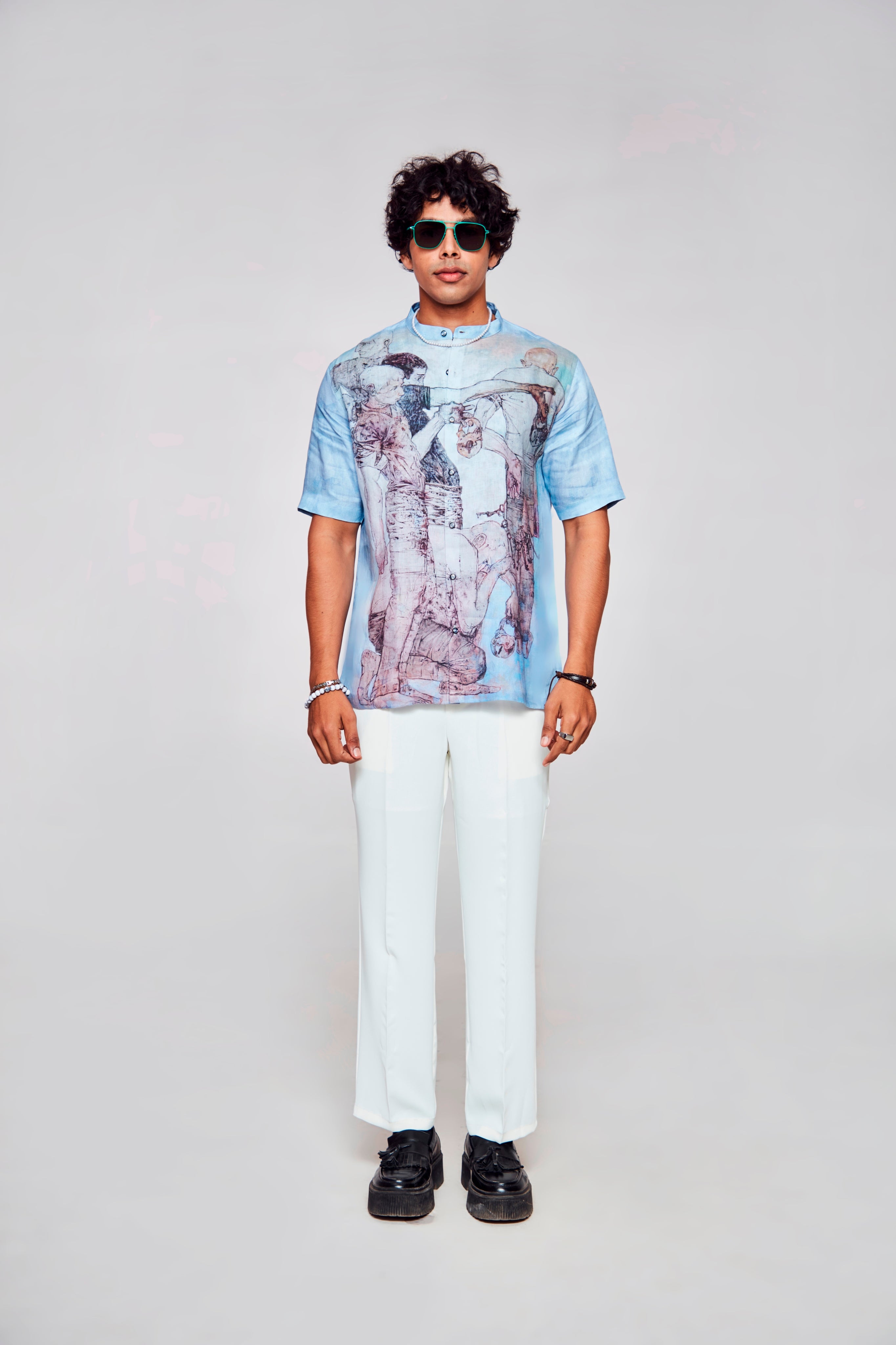 Artistic Expression : Vibrant Display of Wearable Creativity - Pure Linen Short Sleeve Shirt