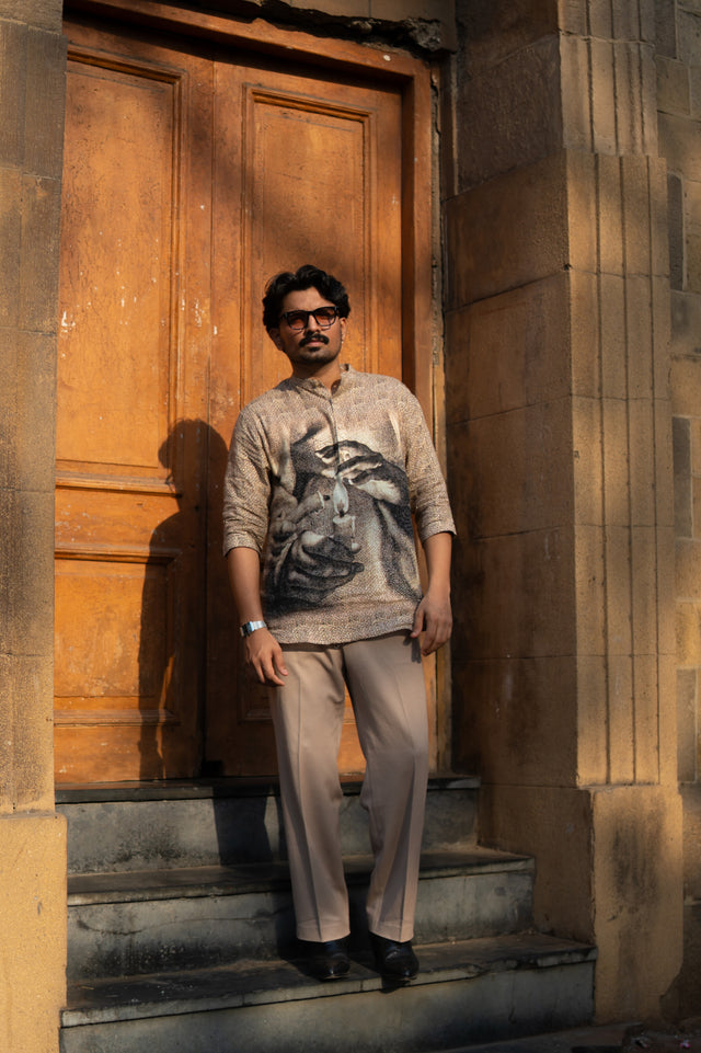 Eternal Flame Unisex Digital Print Pure Linen Kurta Style Shirt - AddysForMen®
