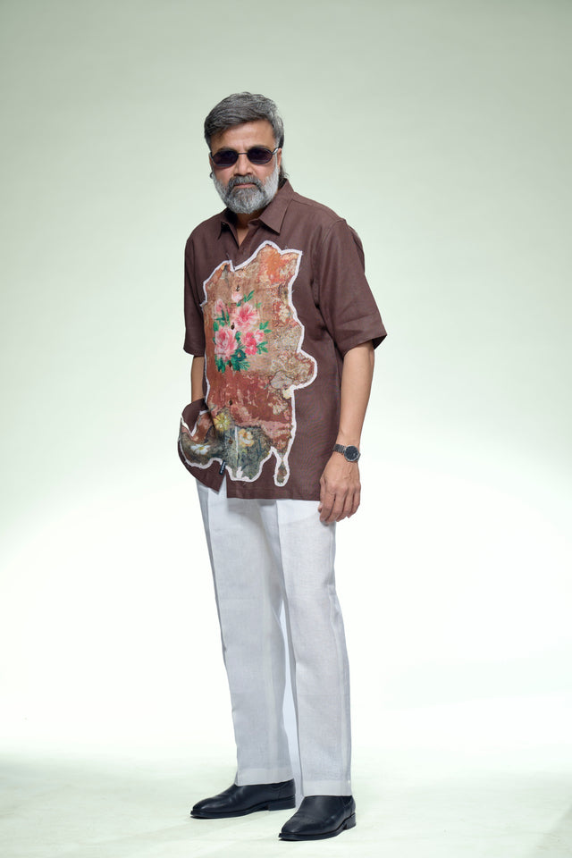 Artistic Floral Patch Pure Linen Designer Short Sleeve Shirt - AddysForMen®