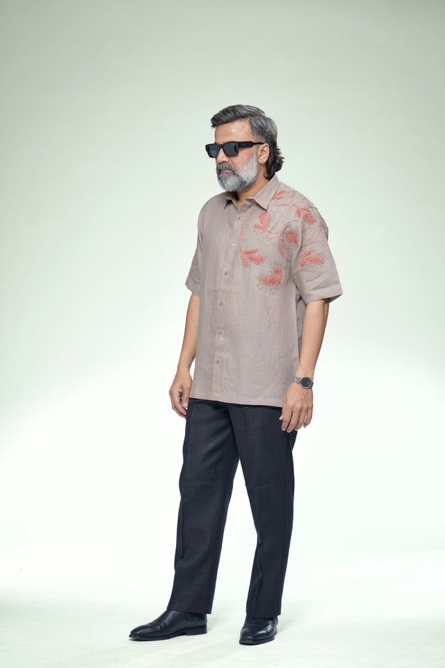 Coastal Artisan : 5-Hour Hand Embroidered Pure Linen Half Sleeve Shirt - AddysForMen®️