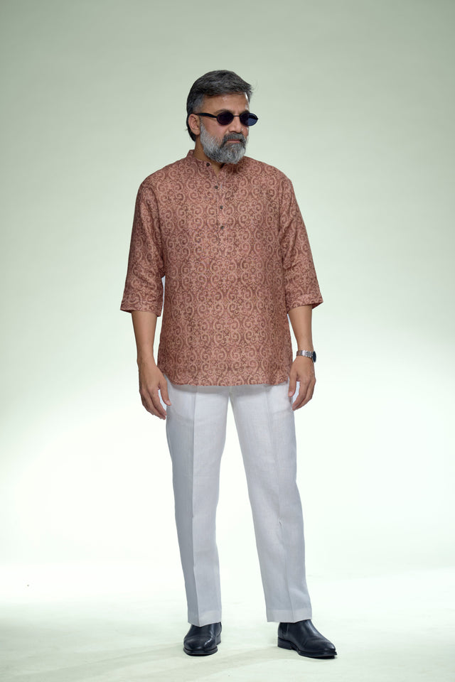 Indigo Geometry Pure Linen 3/4 Sleeve Kurta Style Shirt - AddysForMen®️