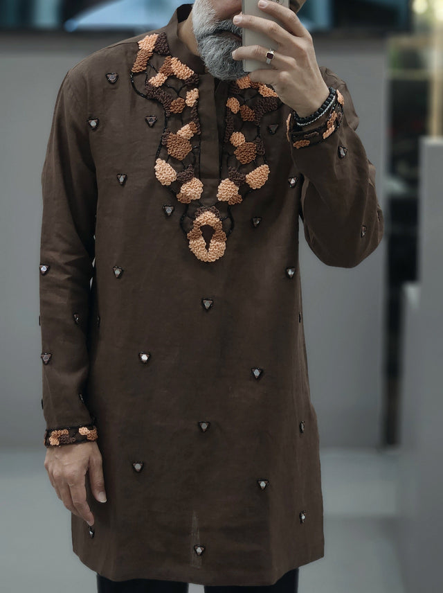 Espresso Brown Pure Linen Long Kurta with Hand-Embroidered Khatli Mirror & Threadwork