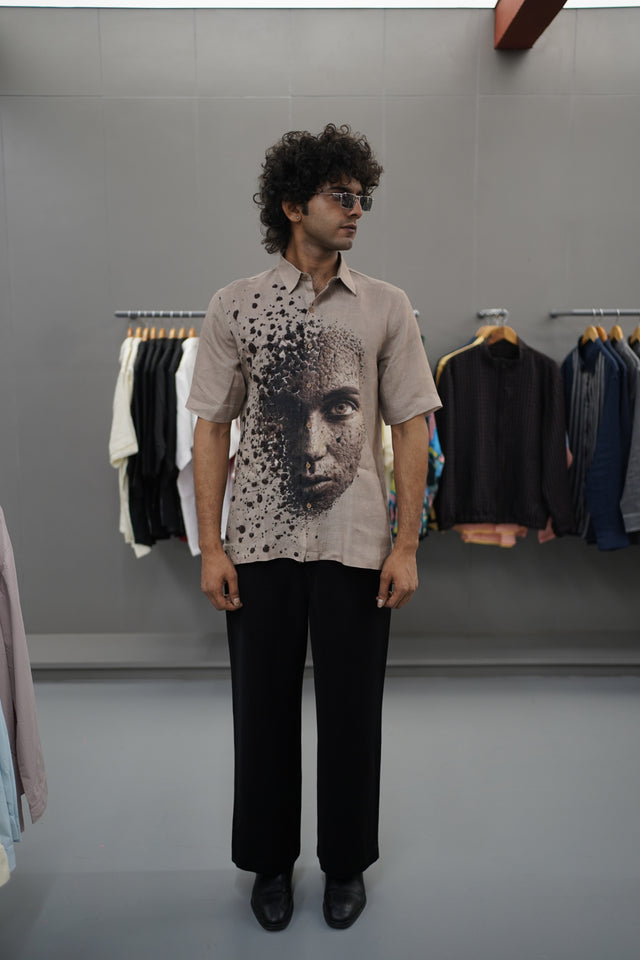 The Artisan Vista: Hand-Embroidered Digital Landscape Pure Linen Short Sleeve Shirt – AddysForMen®️