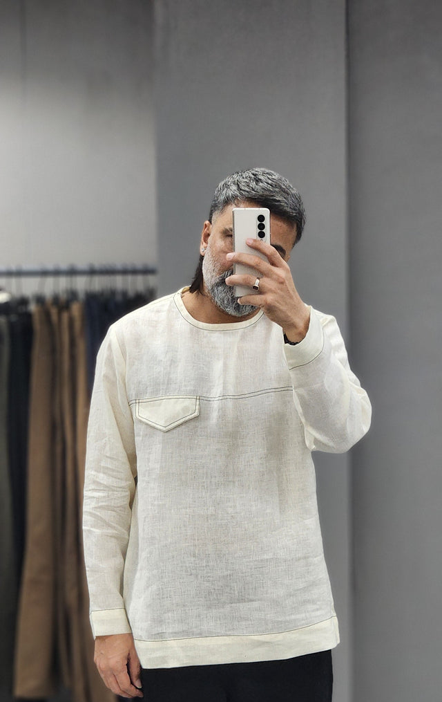 Off-White Round-Neck Contrast Topstitch Linen Shirt