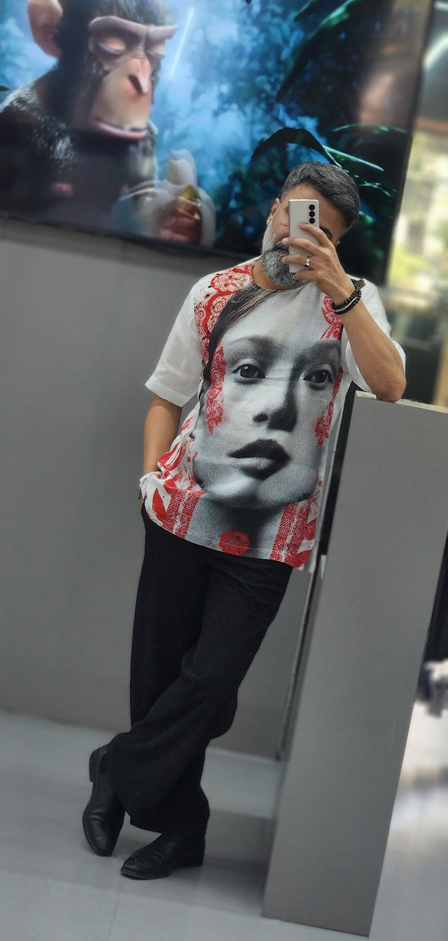 Scarlet & Monochrome Portrait Pure Linen T-Shirt style Shirt