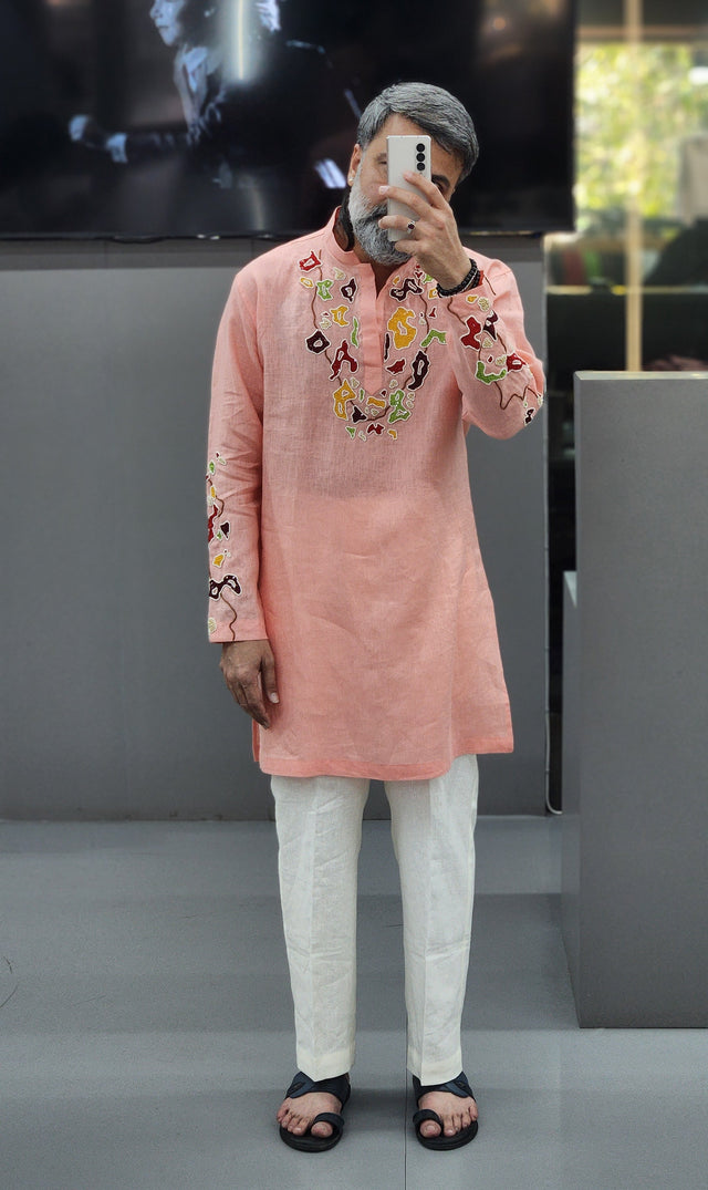 Peach Coral Pure Linen Long Kurta with Hand Embroidered Khatli Beadwork