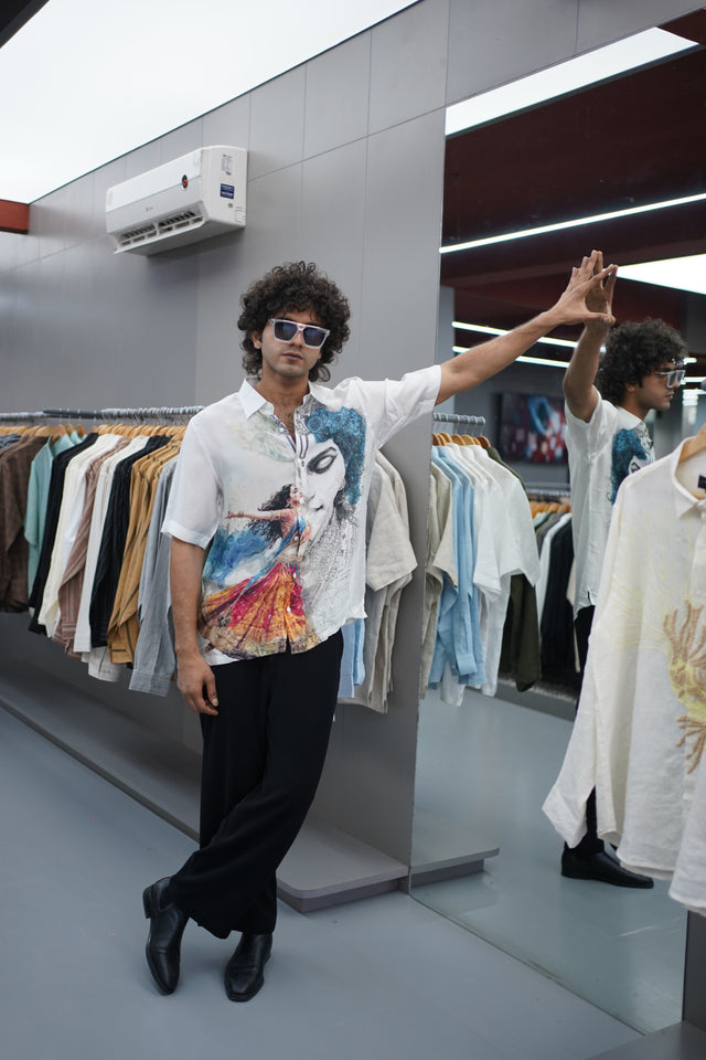 The Divine Union: Radha Krishna Digital Pure Bemberg Satin Short Sleeve Shirt - AddysForMen®️