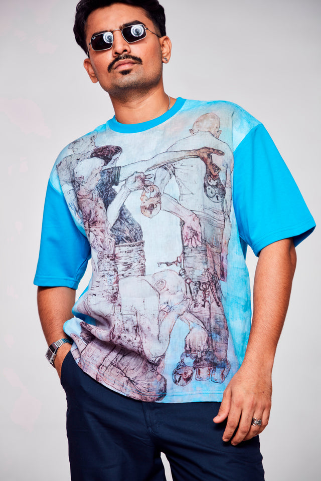Azure Reflection : Effortless Elegance of Blue and White - Oversize Linen Tshirt