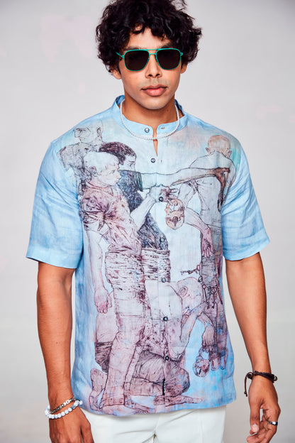 Artistic Expression : Vibrant Display of Wearable Creativity - Pure Linen Short Sleeve Shirt