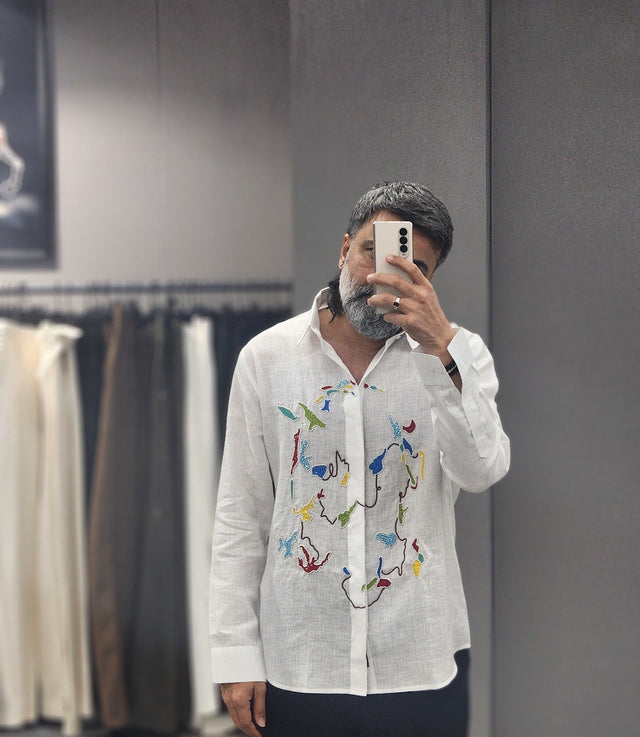 Pure White Abstract Archipelago Beadwork & Sequins Linen Shirt