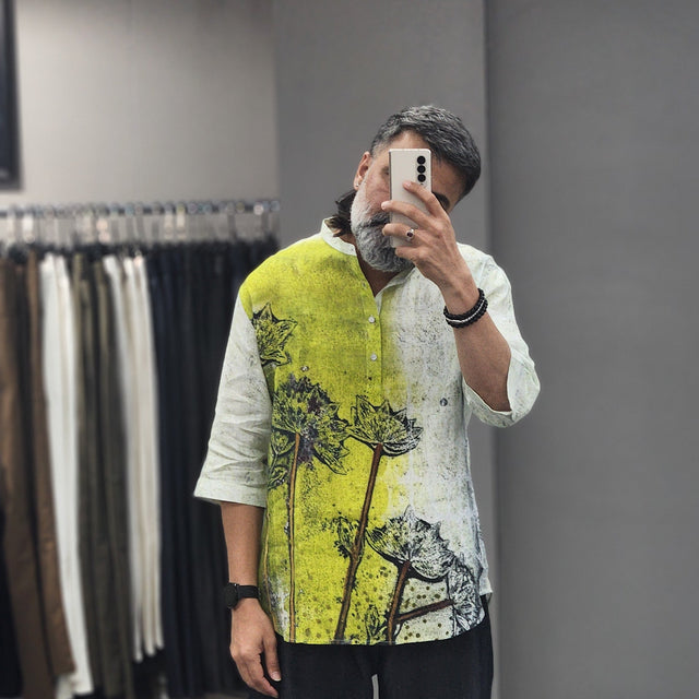Lime-Wash Digital Floral Printed Linen Kurta Shirt with 3/4 Sleeves