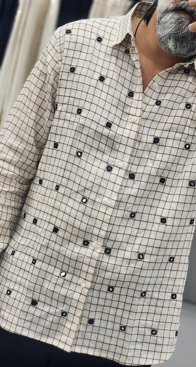 Ivory Grid Mirror-Embroidered Pure Linen Shirt