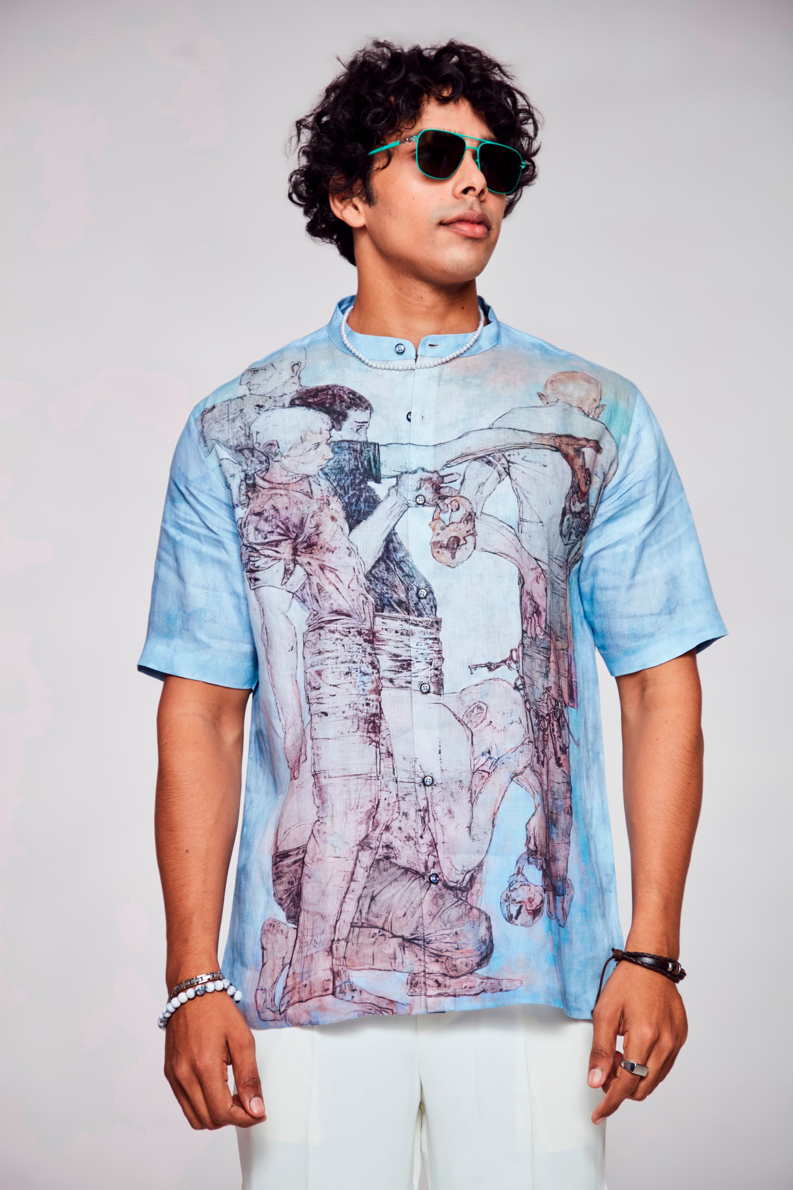 Artistic Expression : Vibrant Display of Wearable Creativity - Pure Linen Short Sleeve Shirt