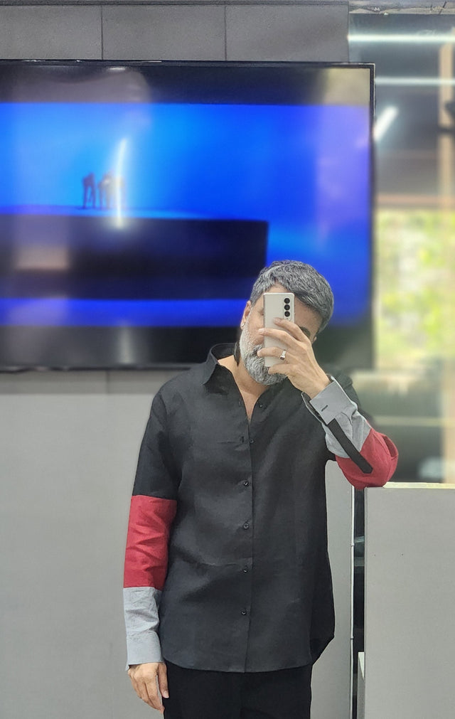 Black Pure Linen Long Sleeve Shirt with Crimson Red & Grey Color-Blocked Sleeves