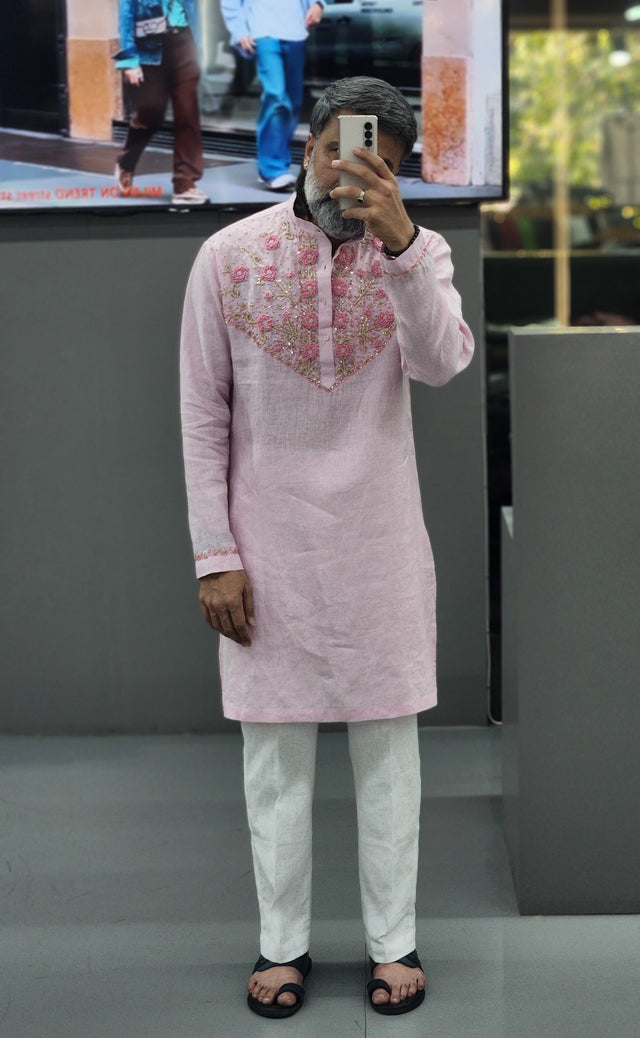 Blush Pink Floral Bouquet Hand Khatli Pure Linen Kurta