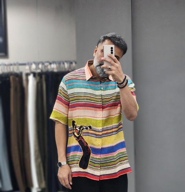 Multi-Striped Jazz Trumpeter Hand Khatli Pure Linen Shirt