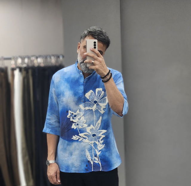 Azure Cloud Hand Khatli Floral Pure Linen Tunic Kurta Style Shirt
