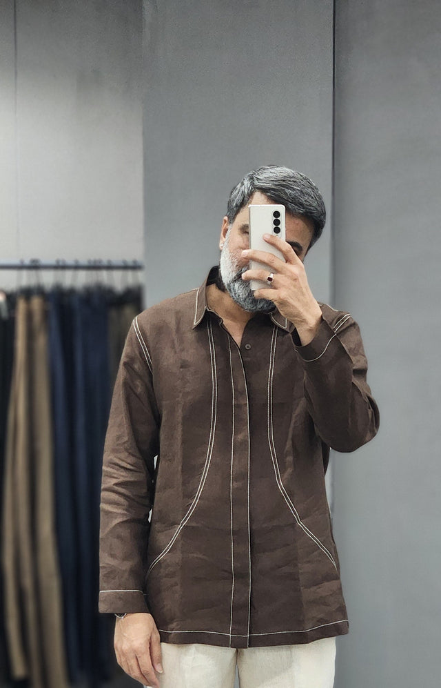 Dark Brown Contrast Topstitch Linen Long-Sleeve Shirt