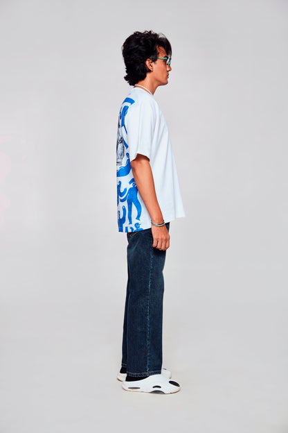 Whimsical Charm : Illuminating Blue Canvas with the Enigmatic Lady - Oversize Linen Tshirt