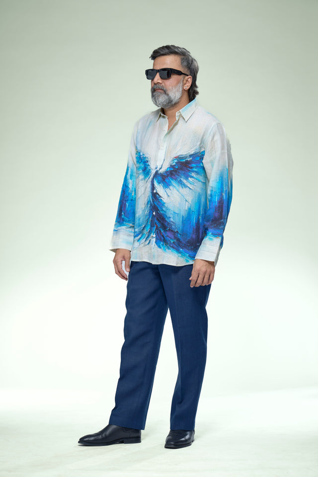 Azure Phoenix Impasto Art Pure Linen Full Sleeve Shirt - AddysForMen®
