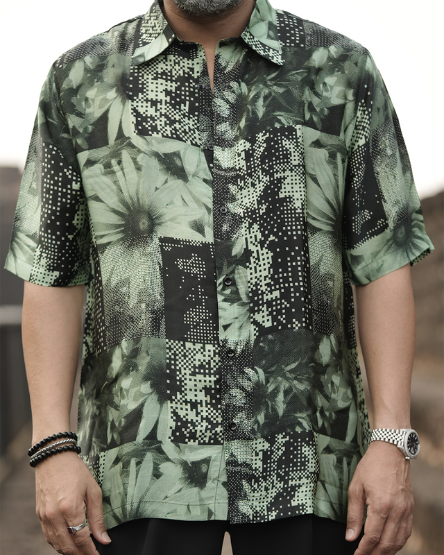 Floral Matrix Pure Bemberg Satin Short Sleeve Shirt
