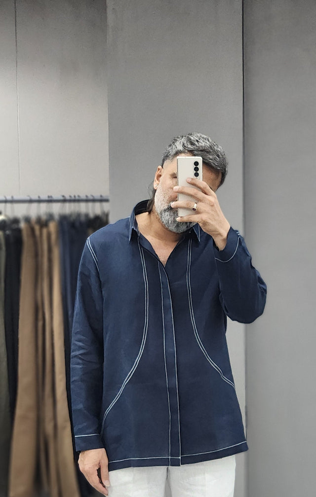 Navy Blue Contrast Topstitch Linen Long-Sleeve Shirt